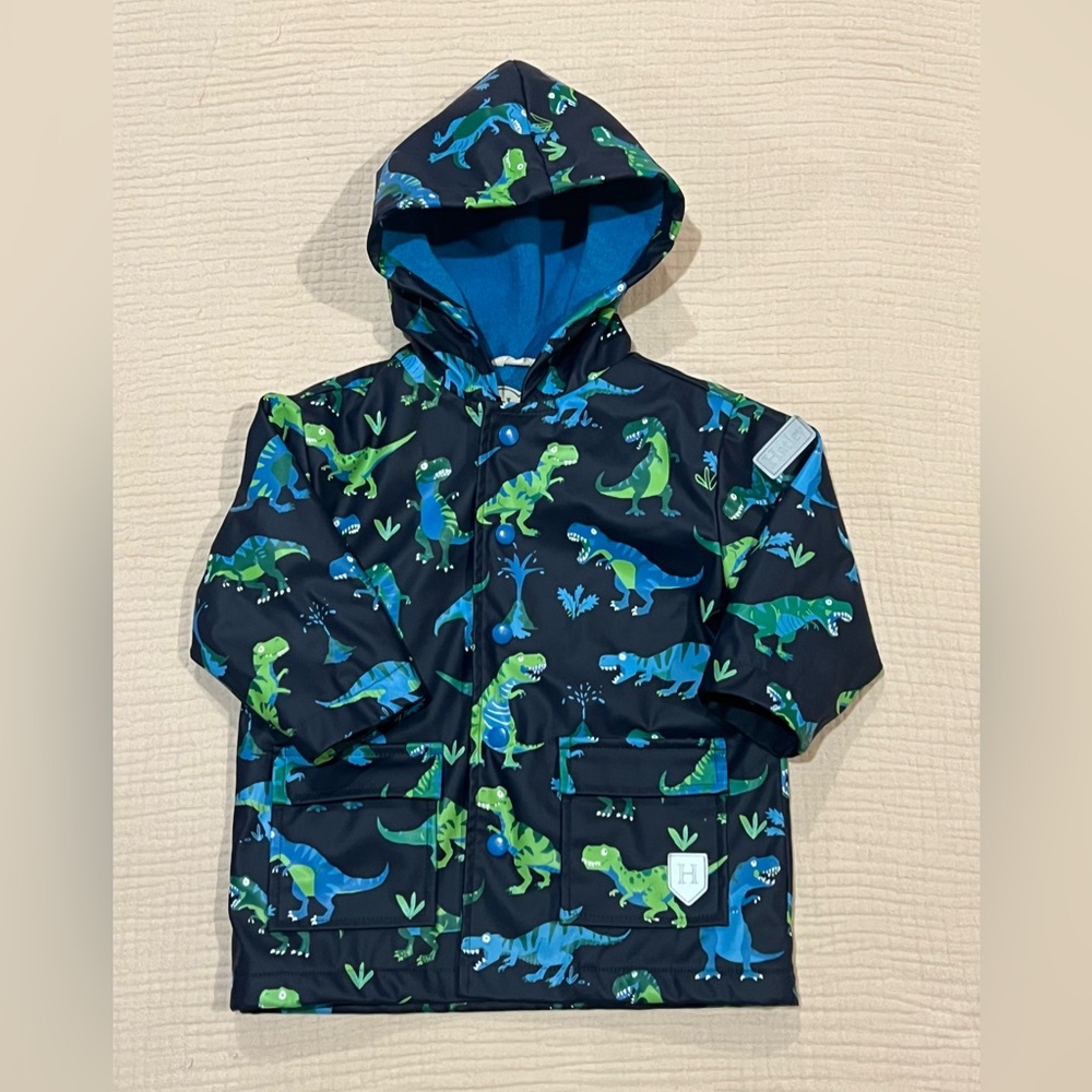 Hatley Dinosaur Button Up Raincoat Waterproof Blue Green Dino Size 2
